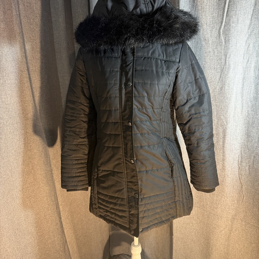Details Intl Black Puffer Jacket Women Large Faux Fur Trim Hood Quilted Parka
